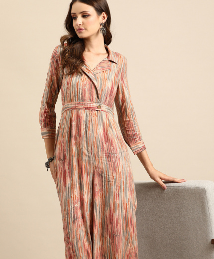 Shawl Neck Striped Basic Jumpsuit