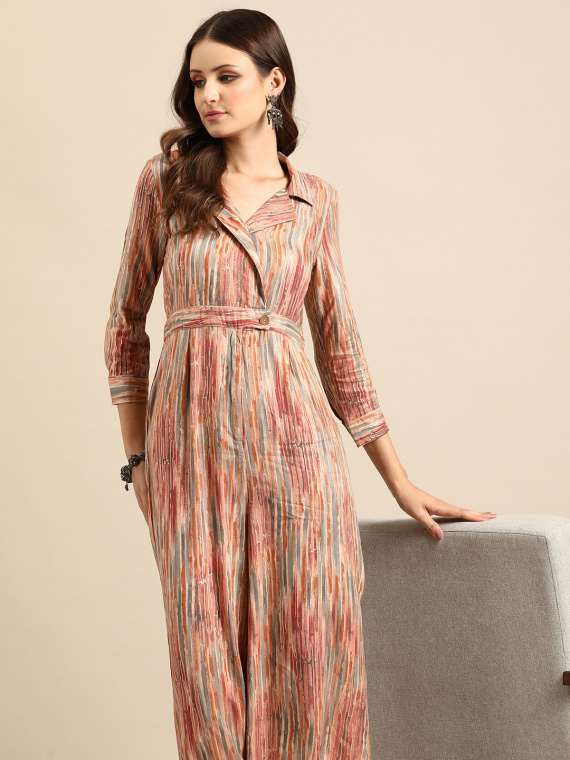 Shawl Neck Striped Basic Jumpsuit
