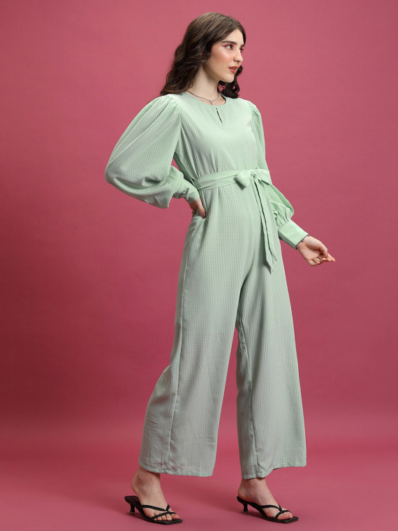 Green Checked Waist Tie-Ups Basic Jumpsuit - Image 3