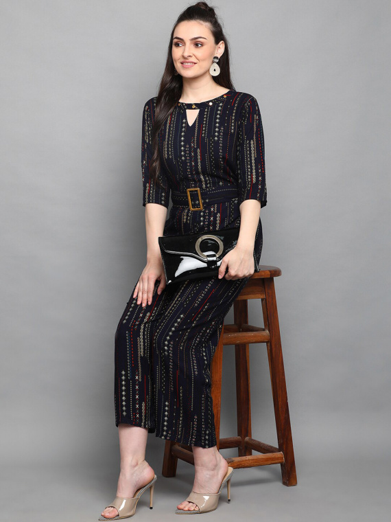 Navy Blue & White Foil Printed Basic Jumpsuit - Image 5