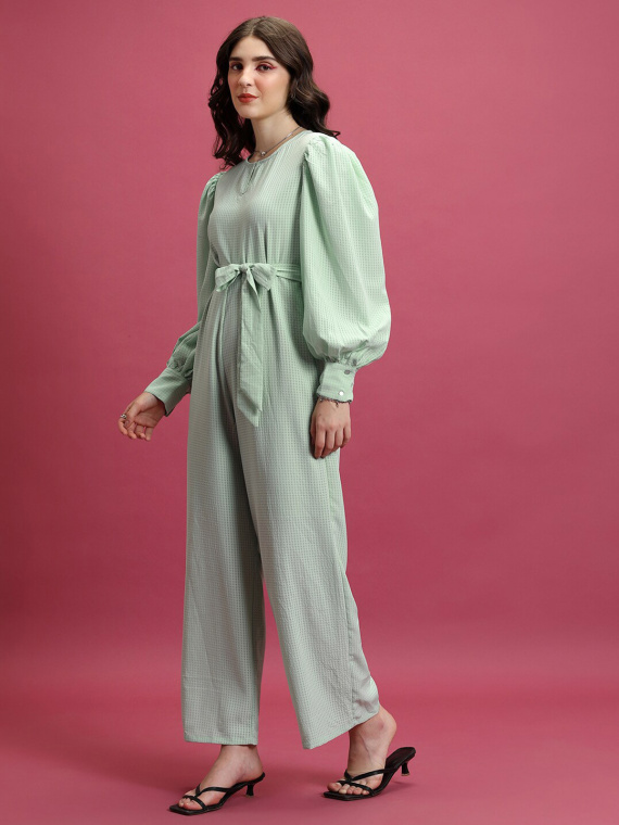 Green Checked Waist Tie-Ups Basic Jumpsuit - Image 4