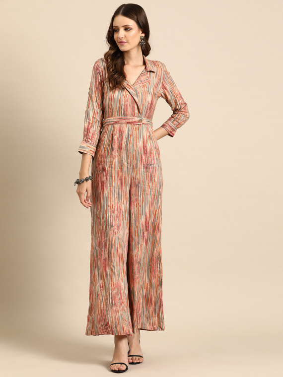 Shawl Neck Striped Basic Jumpsuit - Image 2