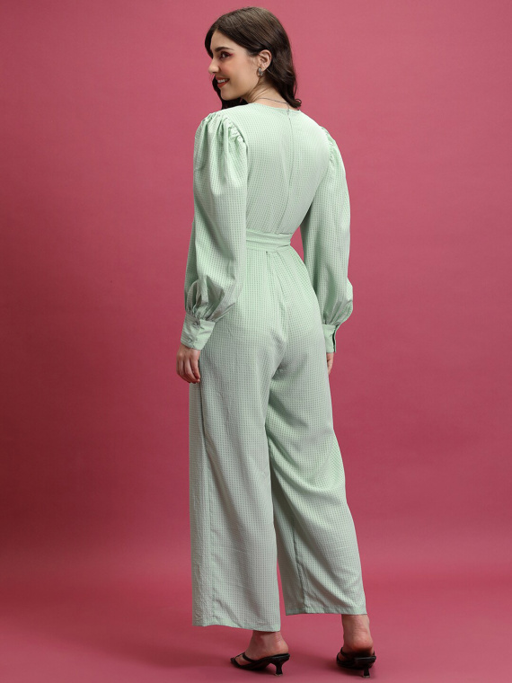 Green Checked Waist Tie-Ups Basic Jumpsuit - Image 5