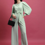 Green Checked Waist Tie-Ups Basic Jumpsuit