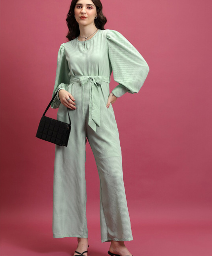 Green Checked Waist Tie-Ups Basic Jumpsuit