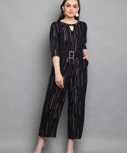 Navy Blue & White Foil Printed Basic Jumpsuit