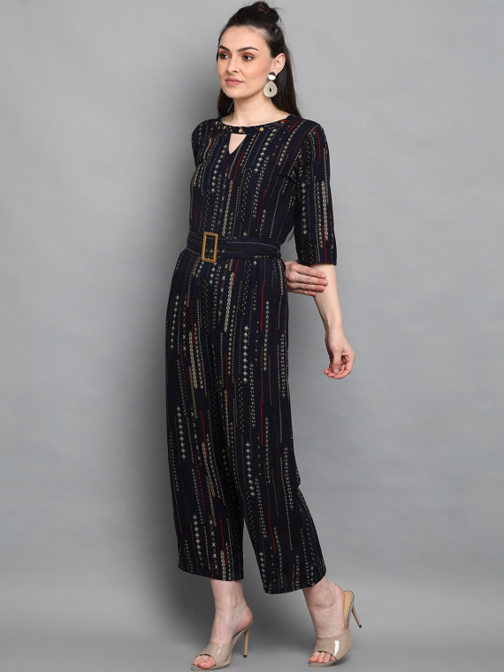 Navy Blue & White Foil Printed Basic Jumpsuit - Image 3