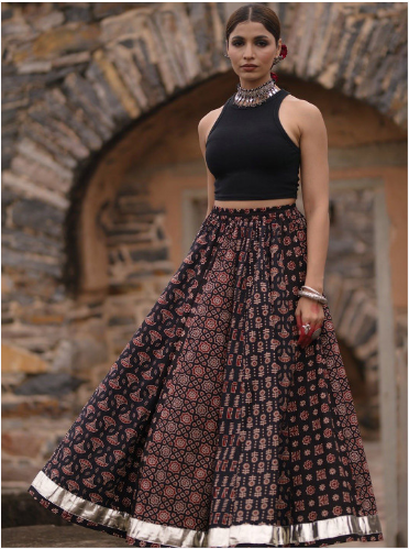 KALINI Printed Pure Cotton Maxi A-Line Skirts