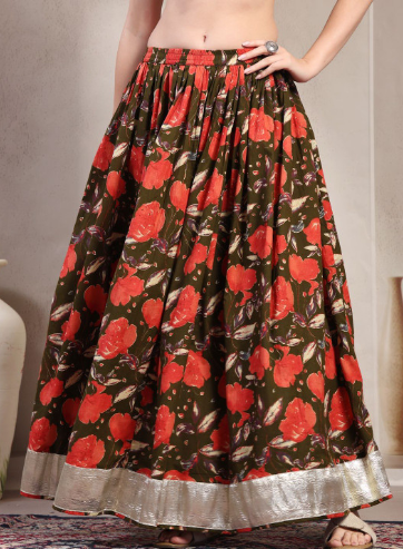 SUNEKH Printed Pure Cotton Flared Maxi Skirts