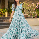 CHANSI Floral Printed Puff Sleeves Tiered Gown Maxi Ethnic Dresses