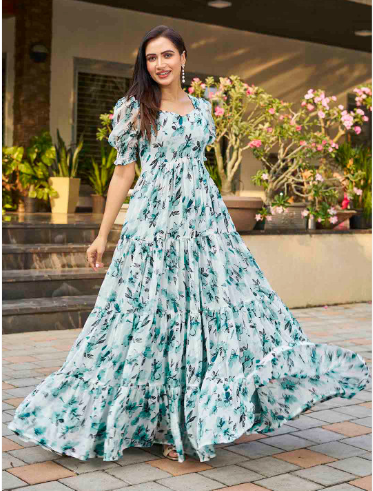 CHANSI Floral Printed Puff Sleeves Tiered Gown Maxi Ethnic Dresses