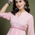 Sangria Floral Printed Mandarin Collar Mirror Work Cotton Fit & Flare Midi Ethnic Dress