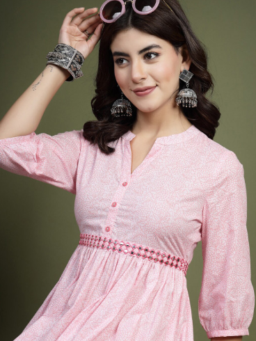 Sangria Floral Printed Mandarin Collar Mirror Work Cotton Fit & Flare Midi Ethnic Dress