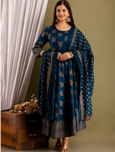 Bunkari Printed Pure Cotton Fit And Flare Ethnic Dresses With Dupatta