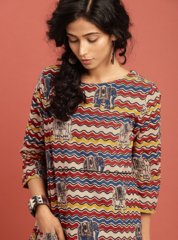 Taavi Beige & Maroon Hand Block Print Kalamkari A-Line Cotton Dress