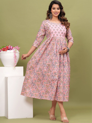 FASHDHUN Floral Printed Round Neck Cotton Fit & Flare Maternity Ethnic Dress