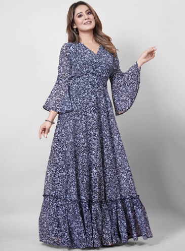 CHANSI Floral Printed Georgette Maxi Ethnic Gown