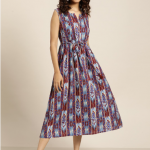 Sangria Blue & Maroon Striped Gathered A-Line Dress
