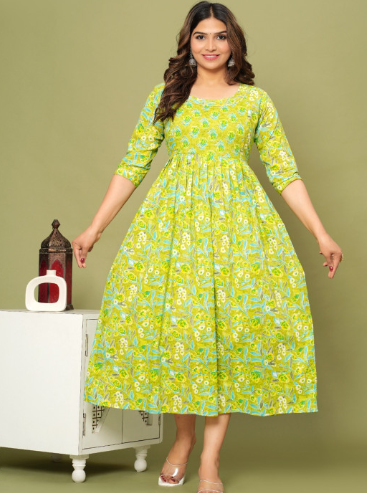 Fasnesio Floral Printed Cotton Maternity Fit and Flared Midi Ethnic Dress
