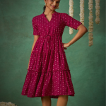 FLOWERVELLY Geometric Printed Mandarin Collar Cotton Fit and Flare Ethnic Dresses