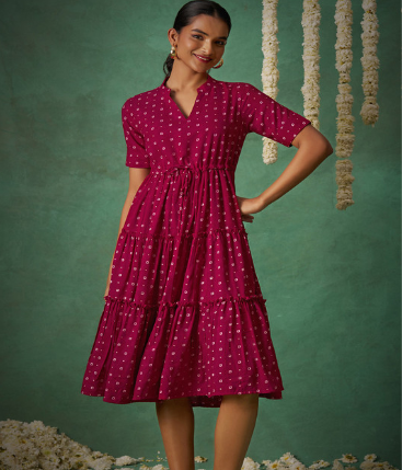 FLOWERVELLY Geometric Printed Mandarin Collar Cotton Fit and Flare Ethnic Dresses