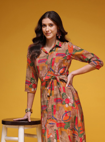 HERE&NOW Printed Shirt Style Dress with Belt