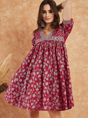 Sangria Maroon Ethnic Motifs Printed Empire Ethnic Dress