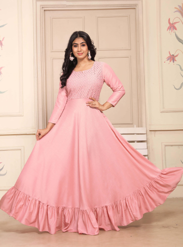 CHANSI Floral Self Design Schiffli Round Neck Maxi Ethnic Dress