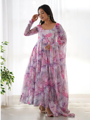 Siya Fashion Floral Printed Georgette Maxi Ethnic Dress With Dupatta