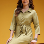 HERE&NOW Vertically Self-Striped Midi Shirt Dress with Belt