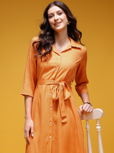 HERE&NOW Striped Belted Midi Shirt Ethnic Dress