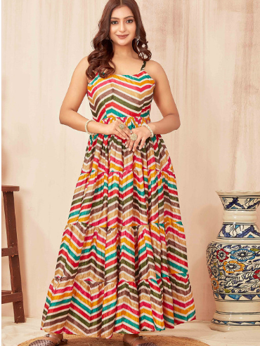 CHANSI Chevron Printed Shoulder Straps Gathered Tiered Maxi Ethnic Dress