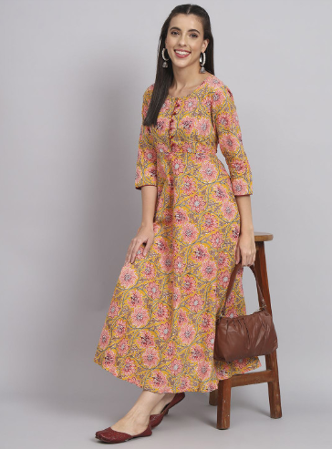 Anouk Floral Printed Cotton A-Line Midi Ethnic Dresses