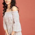 Taavi Grey Woven Legacy A-Line Midi Off-Shoulder Cotton Dress with Shoulder Straps