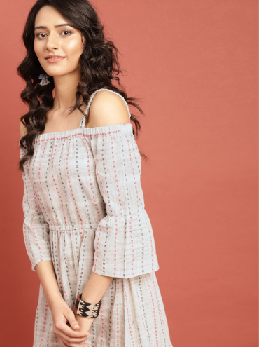 Taavi Grey Woven Legacy A-Line Midi Off-Shoulder Cotton Dress with Shoulder Straps