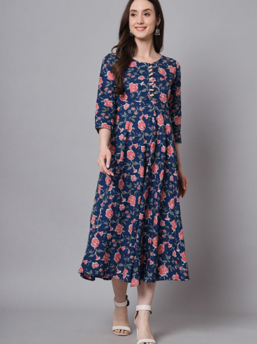 Anouk Floral Printed Round Neck Cotton Ethnic Dress