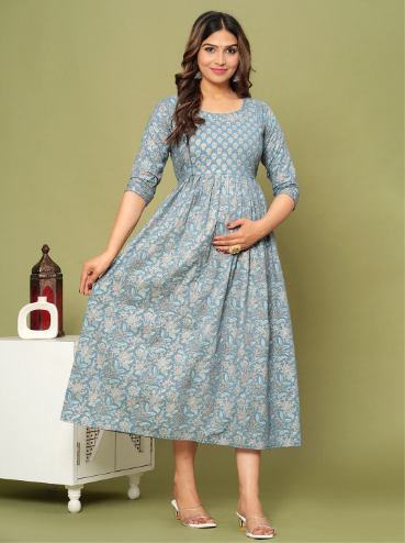 FASHDHUN Floral Printed Thread Work Round Neck Cotton Fit & Flare Ethnic Dress