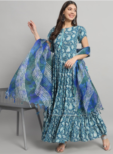 Gujari Ethnic Motifs Printed Gathered Detailed Maxi Ethnic Dress With Dupatta