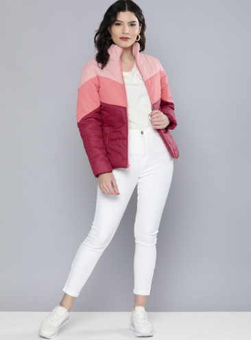 Chemistry Women Pink Colourblocked Mock-Collar Padded Jacket