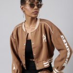 SHOWOFF Mandarin Collar Typography Windcheater Crop Cotton Bomber Oversized Jacket