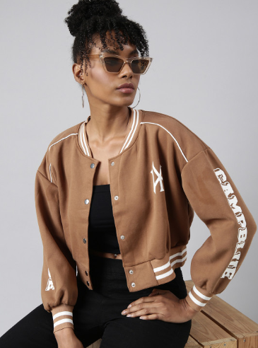 SHOWOFF Mandarin Collar Typography Windcheater Crop Cotton Bomber Oversized Jacket