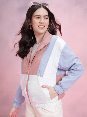 DressBerry Colourblocked Mock Collar Bomber Jacket