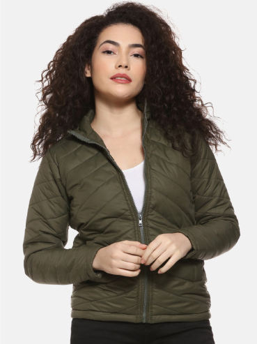 Campus Sutra Women Olive Green Solid Padded Jacket