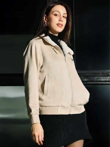 Campus Sutra Saltbox Women Spread Collar Solid Lightweight Bomber Jacket