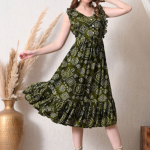 YANAMORA Bandhani Printed Ruffled Sleeveless Flared Midi V Neck Ethnic Dress