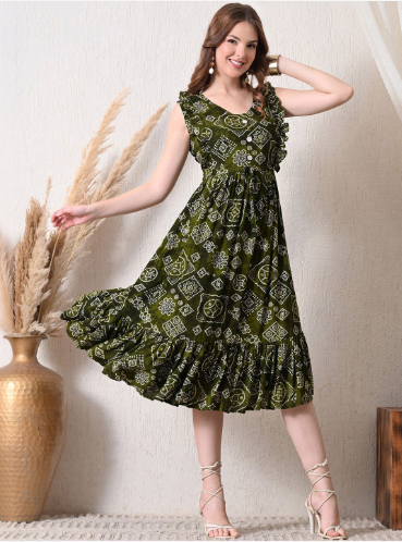 YANAMORA Bandhani Printed Ruffled Sleeveless Flared Midi V Neck Ethnic Dress