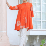 Janasya Women's Orange Pure Cotton Floral Printed Flared Tunic