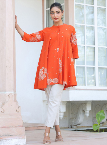 Janasya Women's Orange Pure Cotton Floral Printed Flared Tunic