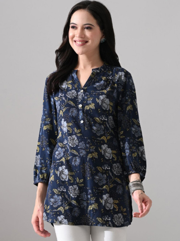 MEESAN Women Mandarin Collar Printed Tunic