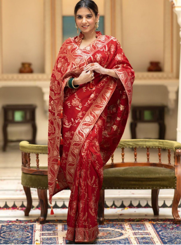 STYLENZA Ethnic Motifs Zari Satin Heavy Work Banarasi Saree